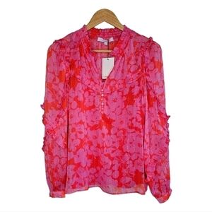 NWT Sugarlips floral bright pink and orange sheer puff sleeve blouse size small